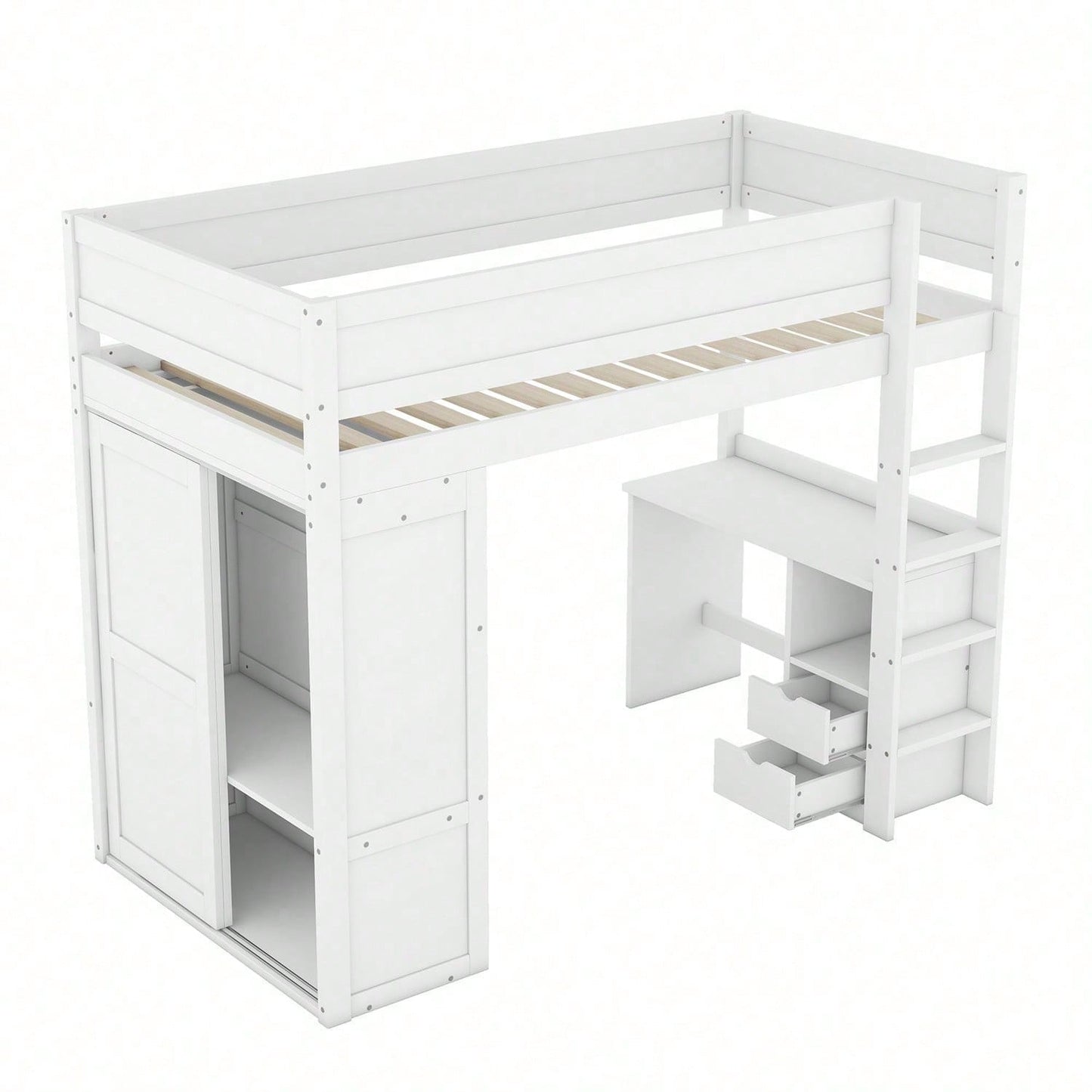 90*200cm Hochbett, vielseitiges Kinderbett, ausgestattet mit Kleiderschrank, Schreibtisch und Schubladen, weiß