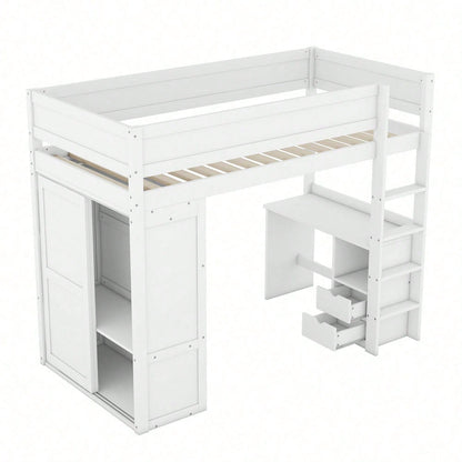 90*200cm Hochbett, vielseitiges Kinderbett, ausgestattet mit Kleiderschrank, Schreibtisch und Schubladen, weiß