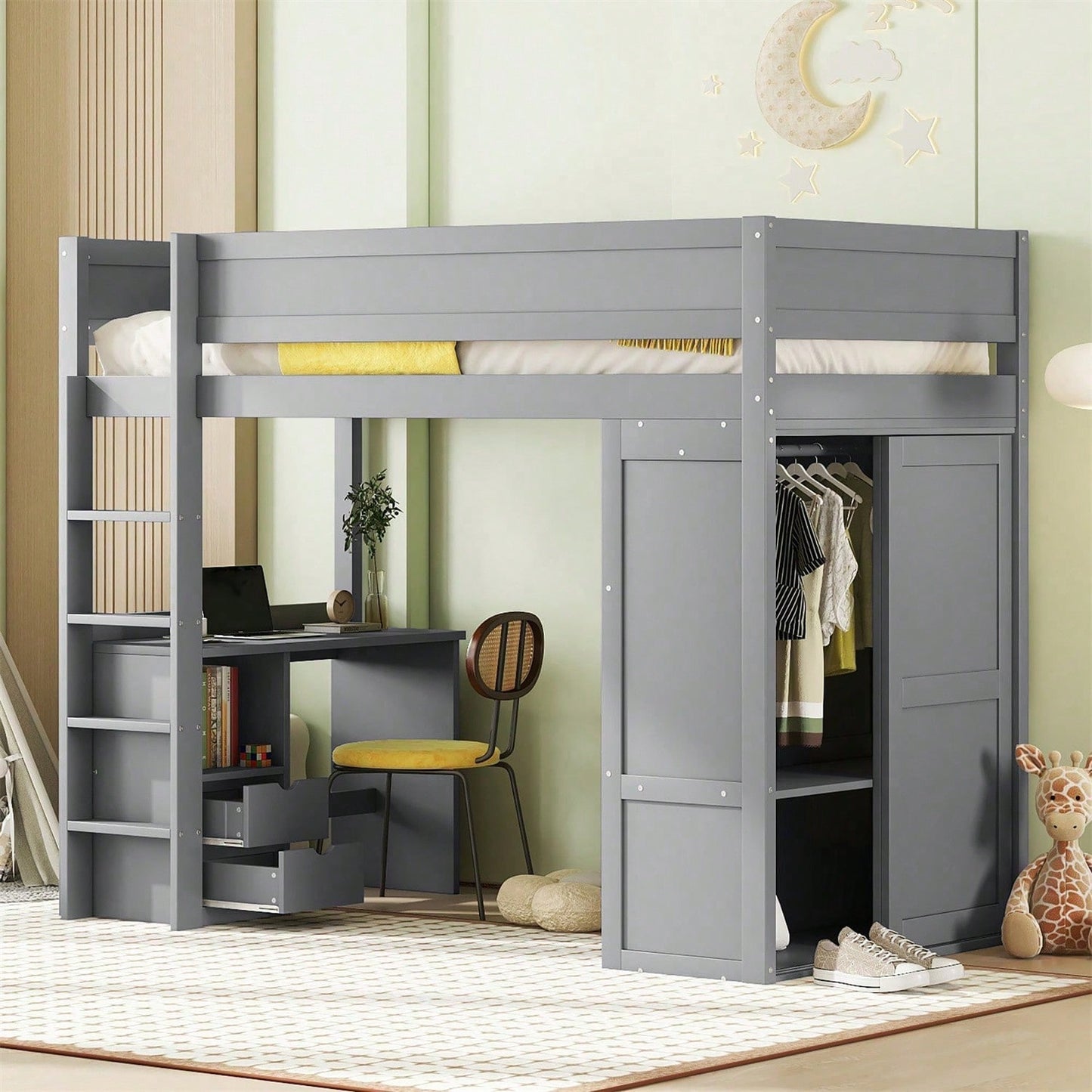 90*200cm Hochbett, vielseitiges Kinderbett, ausgestattet mit Kleiderschrank, Schreibtisch und Schubladen, weiß