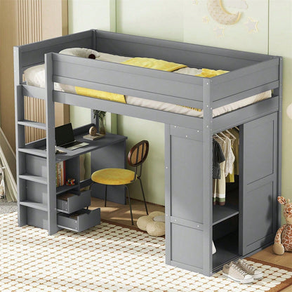 90*200cm Hochbett, vielseitiges Kinderbett, ausgestattet mit Kleiderschrank, Schreibtisch und Schubladen, weiß