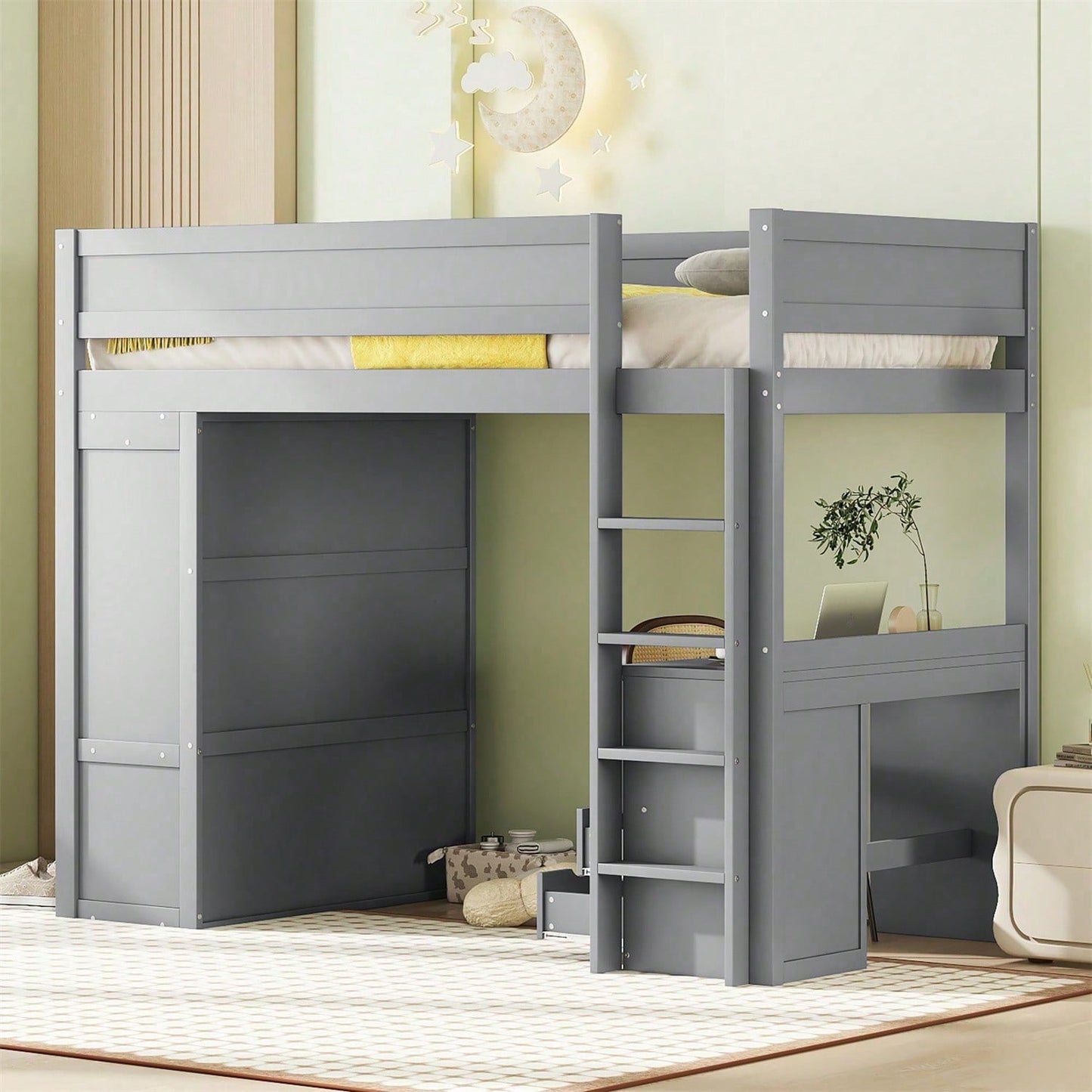 90*200cm Hochbett, vielseitiges Kinderbett, ausgestattet mit Kleiderschrank, Schreibtisch und Schubladen, weiß