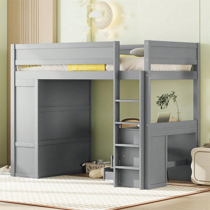 90*200cm Hochbett, vielseitiges Kinderbett, ausgestattet mit Kleiderschrank, Schreibtisch und Schubladen, weiß