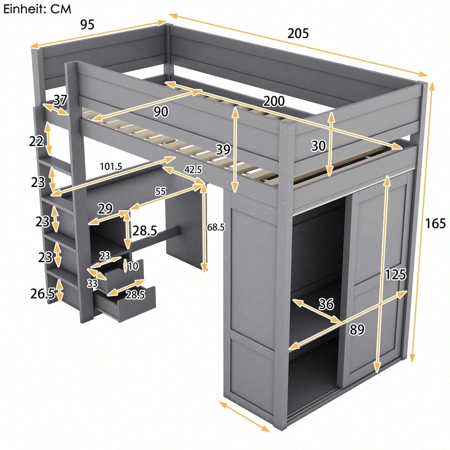 90*200cm Hochbett, vielseitiges Kinderbett, ausgestattet mit Kleiderschrank, Schreibtisch und Schubladen, weiß