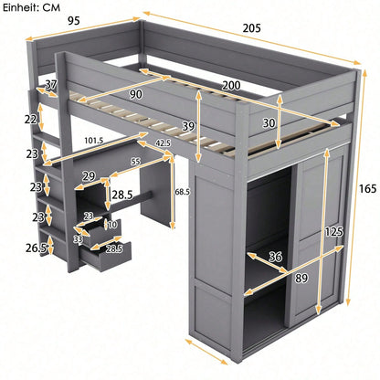 90*200cm Hochbett, vielseitiges Kinderbett, ausgestattet mit Kleiderschrank, Schreibtisch und Schubladen, weiß