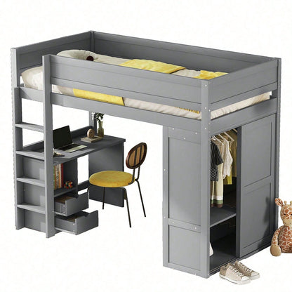 90*200cm Hochbett, vielseitiges Kinderbett, ausgestattet mit Kleiderschrank, Schreibtisch und Schubladen, weiß