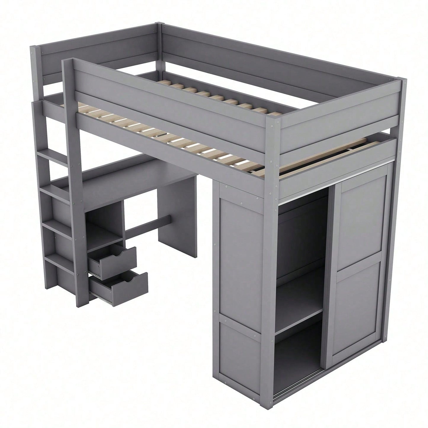 90*200cm Hochbett, vielseitiges Kinderbett, ausgestattet mit Kleiderschrank, Schreibtisch und Schubladen, weiß