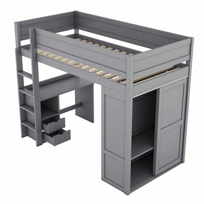 90*200cm Hochbett, vielseitiges Kinderbett, ausgestattet mit Kleiderschrank, Schreibtisch und Schubladen, weiß