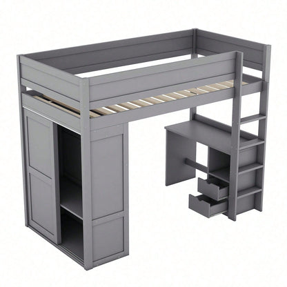 90*200cm Hochbett, vielseitiges Kinderbett, ausgestattet mit Kleiderschrank, Schreibtisch und Schubladen, weiß