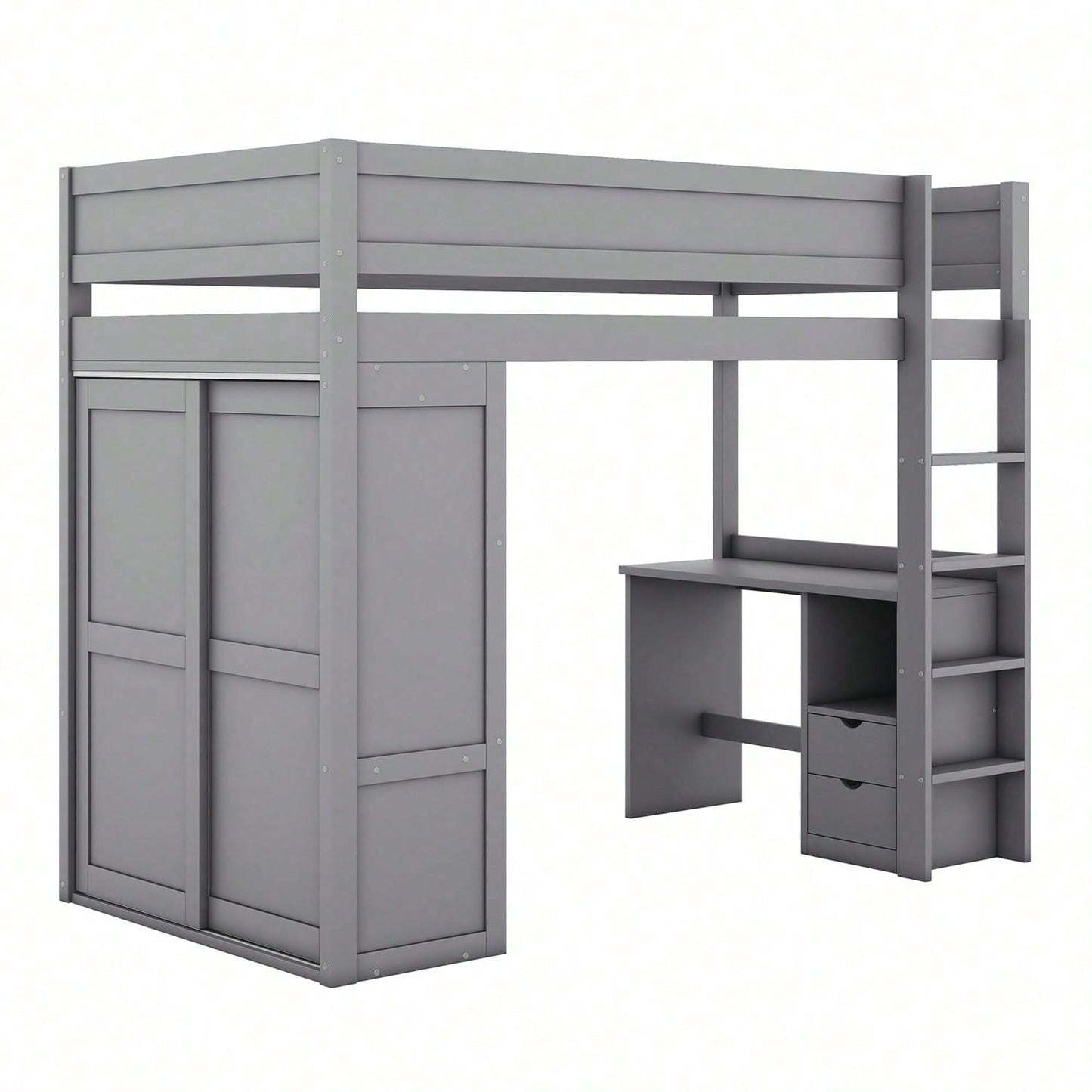 90*200cm Hochbett, vielseitiges Kinderbett, ausgestattet mit Kleiderschrank, Schreibtisch und Schubladen, weiß
