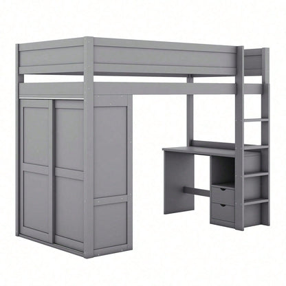 90*200cm Hochbett, vielseitiges Kinderbett, ausgestattet mit Kleiderschrank, Schreibtisch und Schubladen, weiß