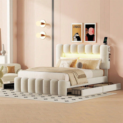 140 x 200 Polsterbett, Polsterbett mit 4 Schubladen, Polsterbet Bett mit LED-Lichtleiste mit USB und Stereoanlage, Beige