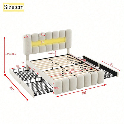 140 x 200 Polsterbett, Polsterbett mit 4 Schubladen, Polsterbet Bett mit LED-Lichtleiste mit USB und Stereoanlage, Beige