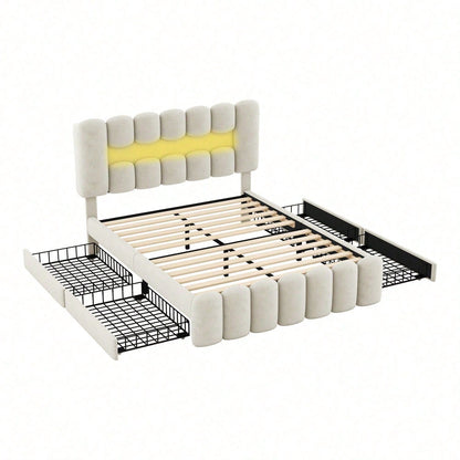 140 x 200 Polsterbett, Polsterbett mit 4 Schubladen, Polsterbet Bett mit LED-Lichtleiste mit USB und Stereoanlage, Beige
