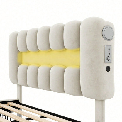 140 x 200 Polsterbett, Polsterbett mit 4 Schubladen, Polsterbet Bett mit LED-Lichtleiste mit USB und Stereoanlage, Beige