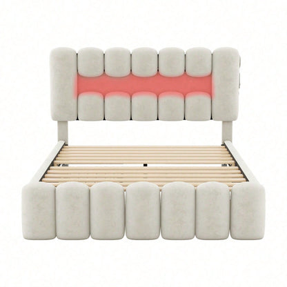 140 x 200 Polsterbett, Polsterbett mit 4 Schubladen, Polsterbet Bett mit LED-Lichtleiste mit USB und Stereoanlage, Beige