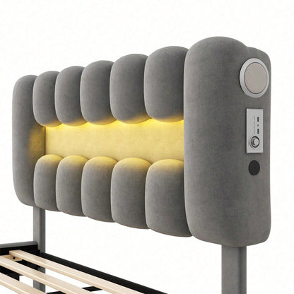 140 x 200 Polsterbett, Polsterbett mit 4 Schubladen, Polsterbet Bett mit LED-Lichtleiste mit USB und Stereoanlage, Beige