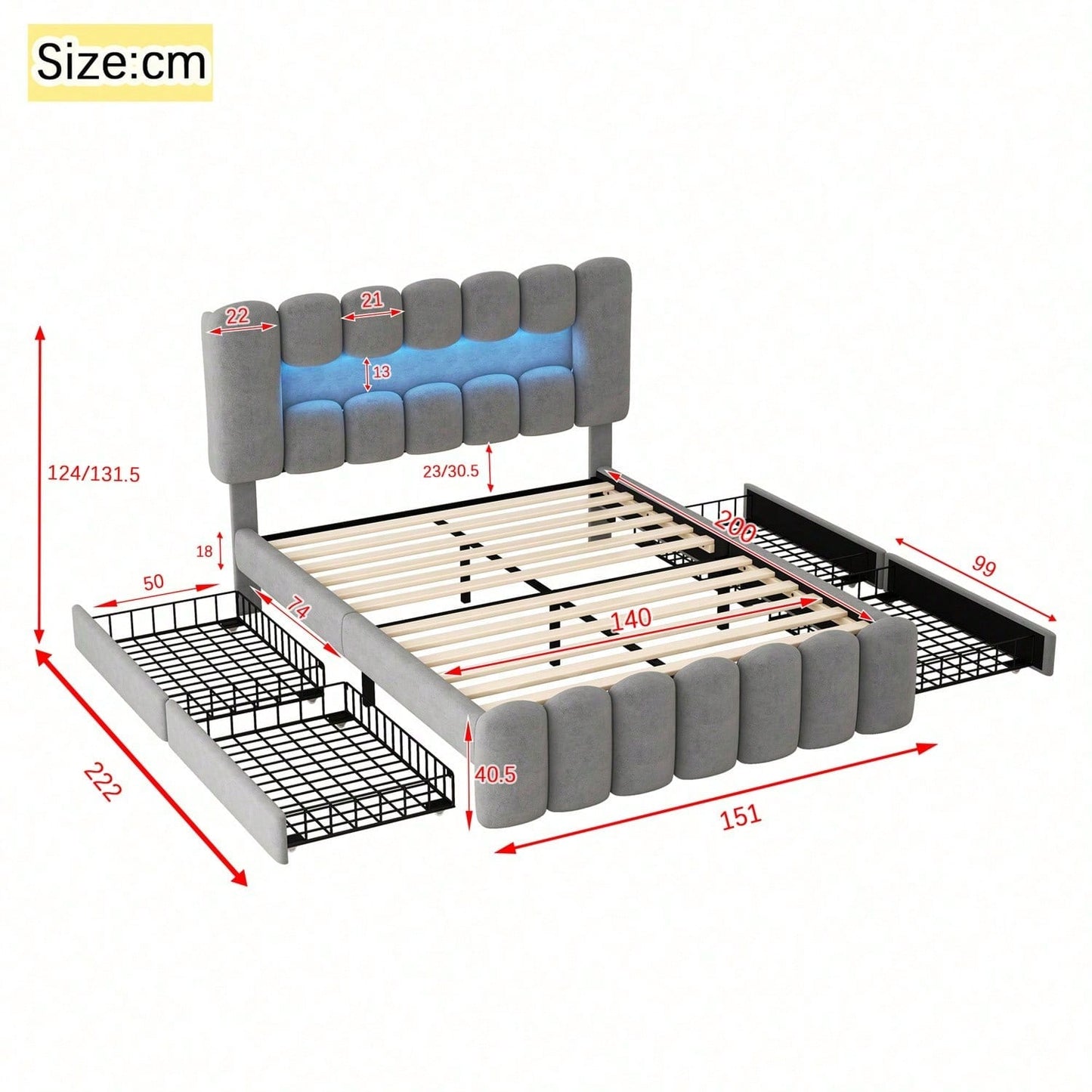 140 x 200 Polsterbett, Polsterbett mit 4 Schubladen, Polsterbet Bett mit LED-Lichtleiste mit USB und Stereoanlage, Beige