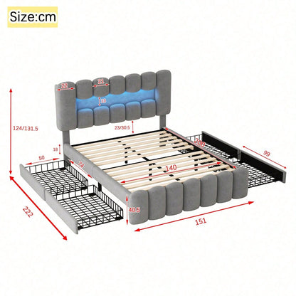 140 x 200 Polsterbett, Polsterbett mit 4 Schubladen, Polsterbet Bett mit LED-Lichtleiste mit USB und Stereoanlage, Beige