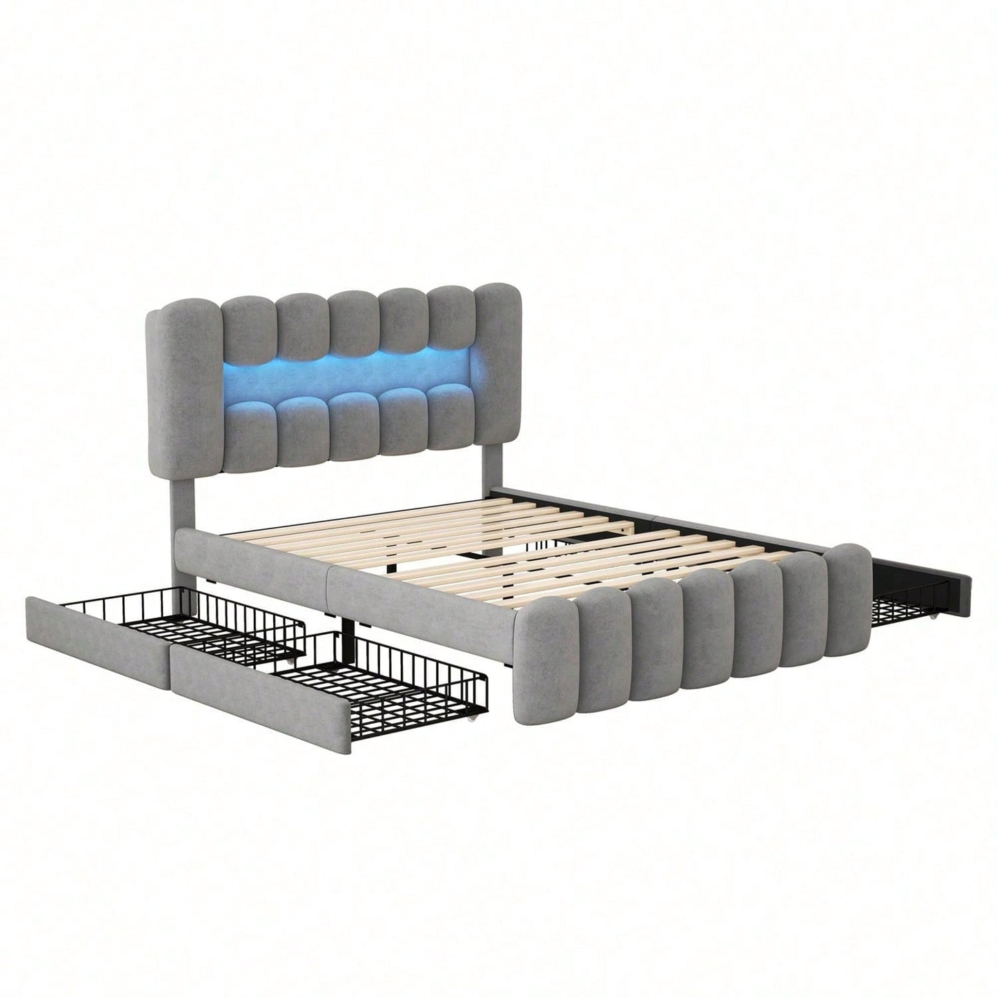 140 x 200 Polsterbett, Polsterbett mit 4 Schubladen, Polsterbet Bett mit LED-Lichtleiste mit USB und Stereoanlage, Beige