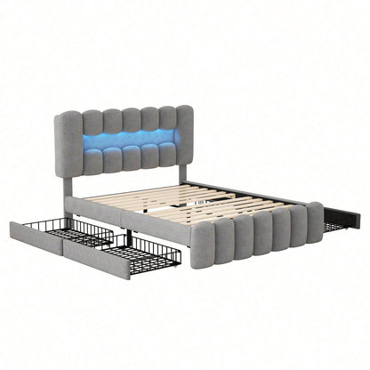 140 x 200 Polsterbett, Polsterbett mit 4 Schubladen, Polsterbet Bett mit LED-Lichtleiste mit USB und Stereoanlage, Beige