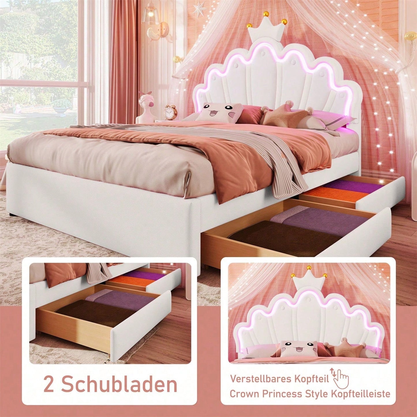 Polsterbett, 140 x 200 cm, Ohne Matratze, Ferngesteuertes Ambientelicht, Bett mit 2 Schubladen, Prinzessinnenbett in Kronenform, Verstellbares Kopfteil, PU, Weiß