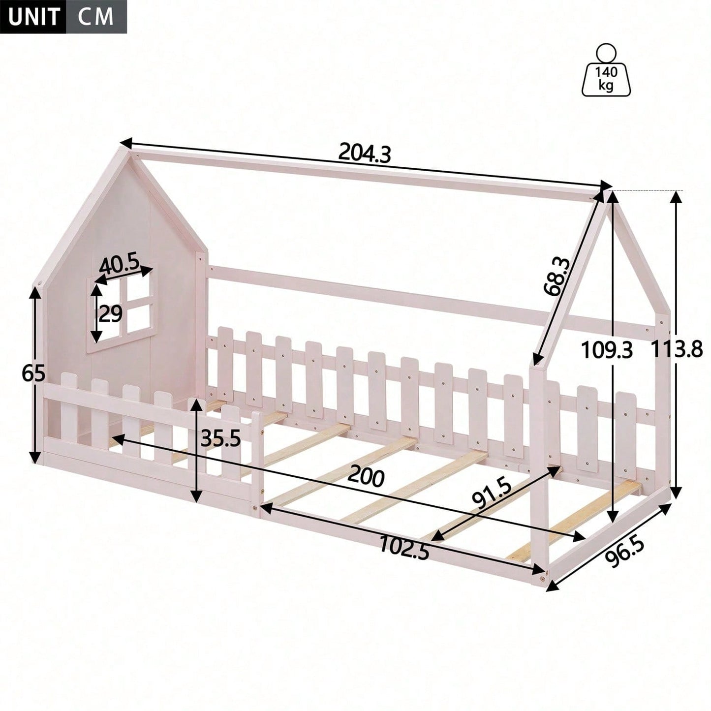 90*200cm Flachbett, Kinderbett, Hausleiste, weiß