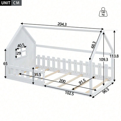 90*200cm Flachbett, Kinderbett, Hausleiste, weiß