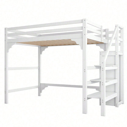 140*200cm Hochbett mit Lattenrost, mit Stufentreppe, mit Kleiderschrank, Jugendbett, Stauraum.Weiß