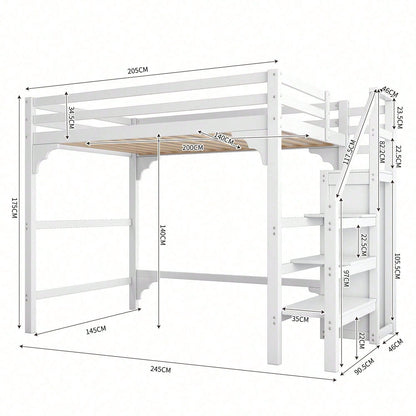 140*200cm Hochbett mit Lattenrost, mit Stufentreppe, mit Kleiderschrank, Jugendbett, Stauraum.Weiß