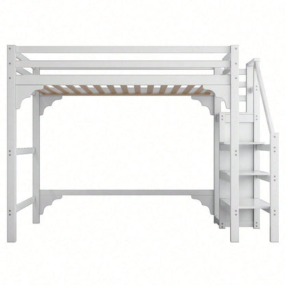 140*200cm Hochbett mit Lattenrost, mit Stufentreppe, mit Kleiderschrank, Jugendbett, Stauraum.Weiß