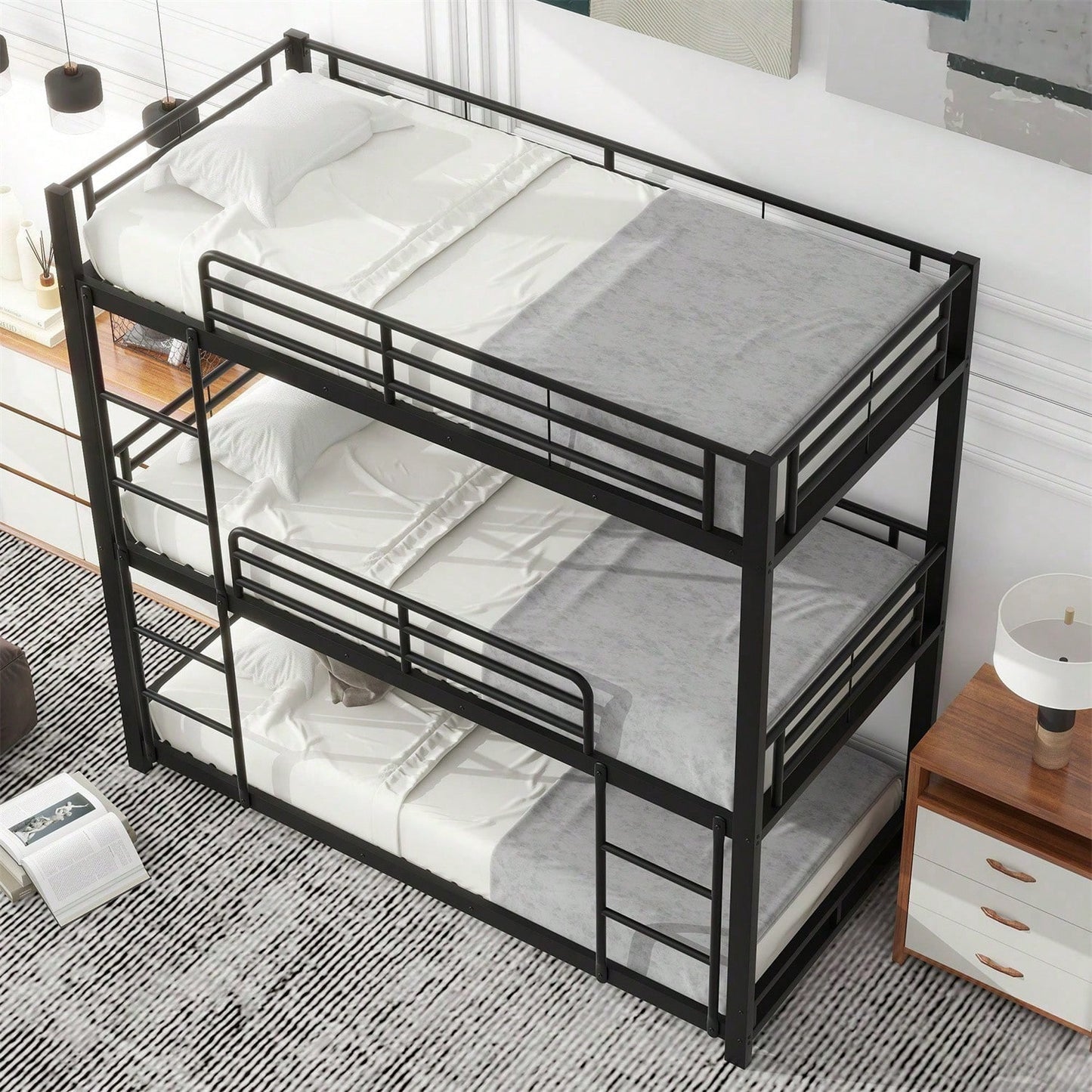 90x200cm Bettgestell Metallbett,Etagenbett,Eisenbett, Dreifach-Etagenbett für Kinder, Jugendliche und Erwachsene, Schwarz