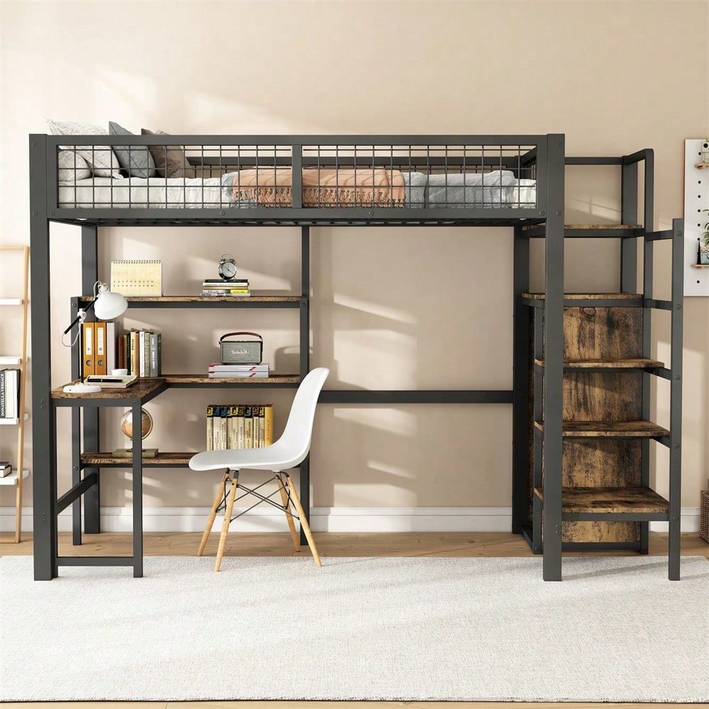 90*200cm Hochbett, Eisenbett, Untertisch, mehrere Einlegeböden, Einbauschrank, schwarz