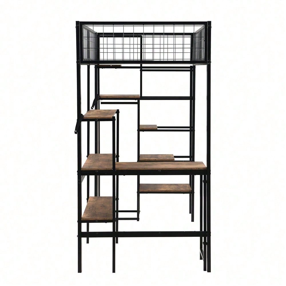 90*200cm Hochbett, Eisenbett, Untertisch, mehrere Einlegeböden, Einbauschrank, schwarz