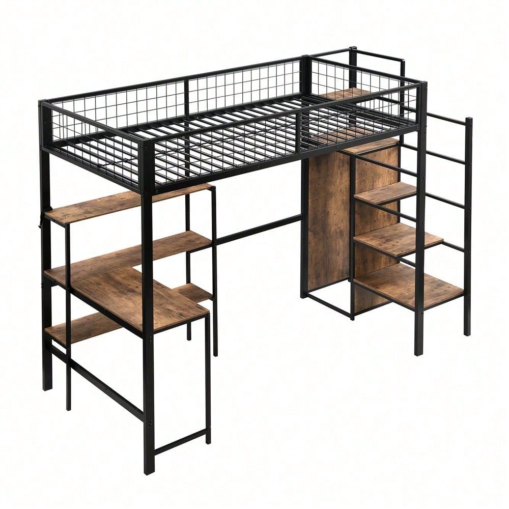 90*200cm Hochbett, Eisenbett, Untertisch, mehrere Einlegeböden, Einbauschrank, schwarz