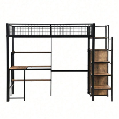 90*200cm Hochbett, Eisenbett, Untertisch, mehrere Einlegeböden, Einbauschrank, schwarz