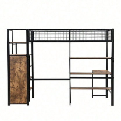 90*200cm Hochbett, Eisenbett, Untertisch, mehrere Einlegeböden, Einbauschrank, schwarz