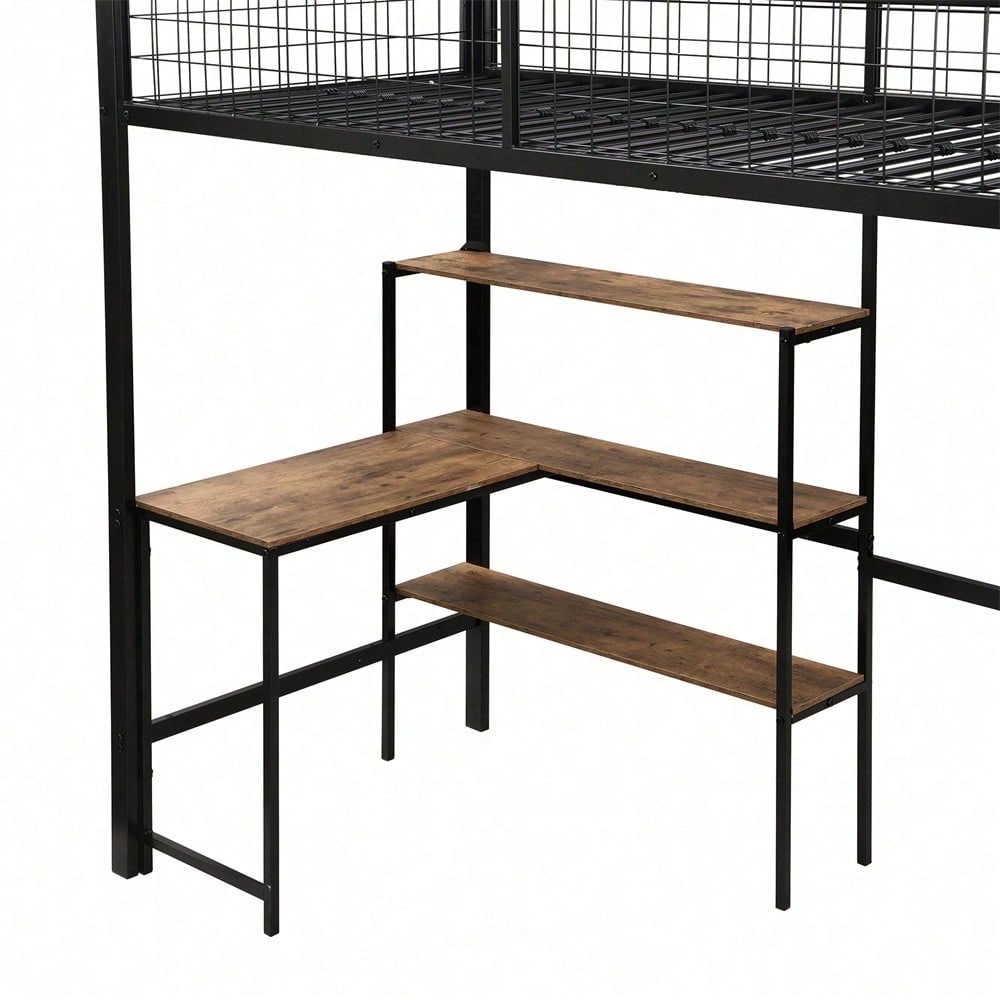 90*200cm Hochbett, Eisenbett, Untertisch, mehrere Einlegeböden, Einbauschrank, schwarz