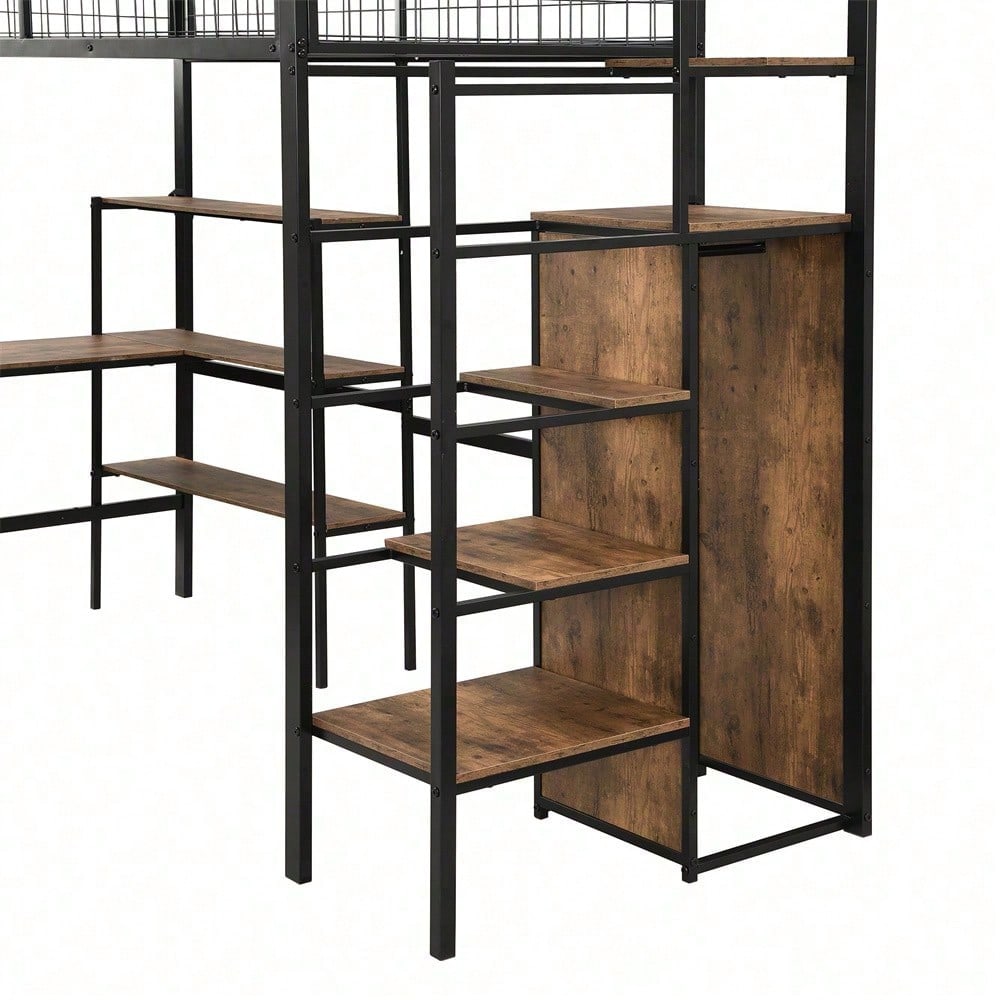 90*200cm Hochbett, Eisenbett, Untertisch, mehrere Einlegeböden, Einbauschrank, schwarz