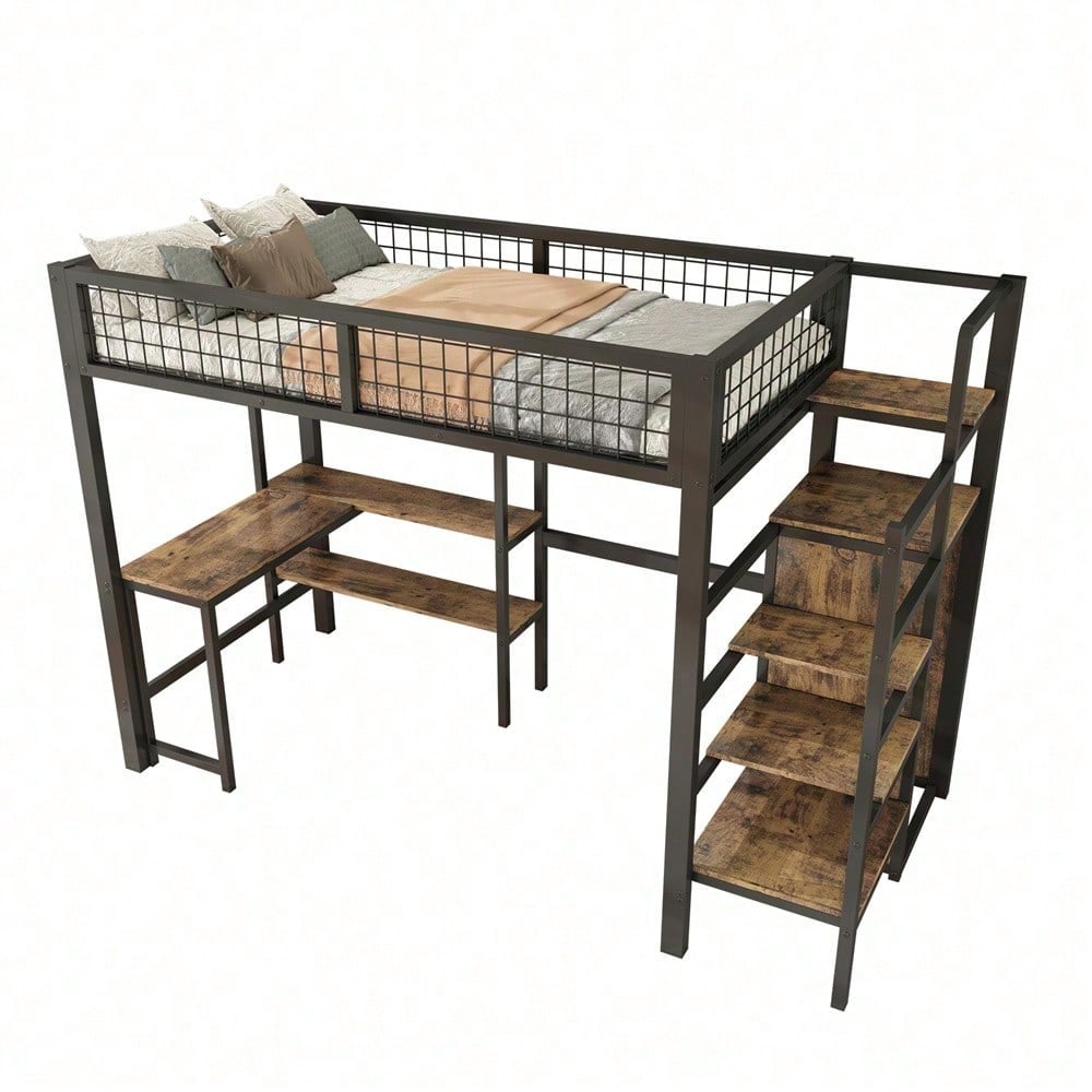 90*200cm Hochbett, Eisenbett, Untertisch, mehrere Einlegeböden, Einbauschrank, schwarz