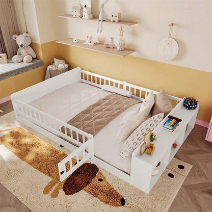 Holzbett, Kinderbett, 140 x 190cm, Kiefernholz, Offenes Lager, Einlegeböden, zu öffnendes Gehäuse, ohne Matratze, weiß