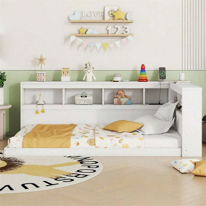 Daybett, 90 x 200 cm, Schlafsofa, Tagesbett, Mit Steckdose und 2 USB-Anschlüssen, Bett mit Lattenrost (ohne Matratze), Spanplatte, Weiß