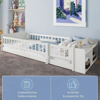 Holzbett, Kinderbett, 90 x 200cm, Kiefernholz, Offenes Lager, Einlegeböden, zu öffnendes Gehäuse, ohne Matratze, weiß