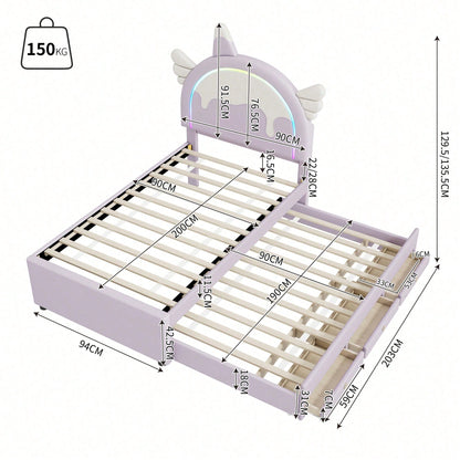 90*200cm Cartoon Kinderbett, Einhornform, ausgestattet mit ausziehbares rollbett, PU-Material,Violett