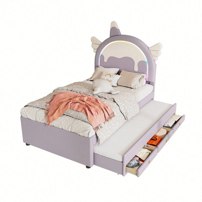 90*200cm Cartoon Kinderbett, Einhornform, ausgestattet mit ausziehbares rollbett, PU-Material,Violett