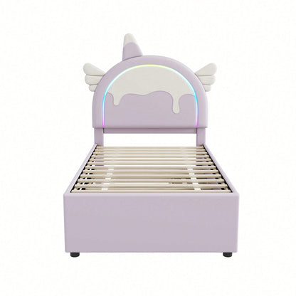 90*200cm Cartoon Kinderbett, Einhornform, ausgestattet mit ausziehbares rollbett, PU-Material,Violett