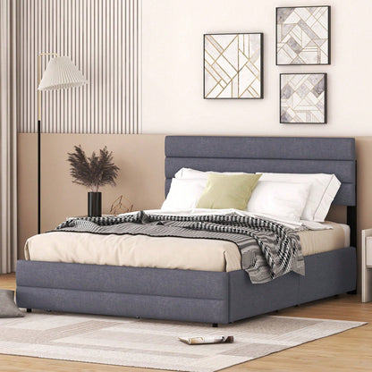 140 x 200 Plattformbett mit Räummaschine für zwei Personen und zwei Schubladen, Grau