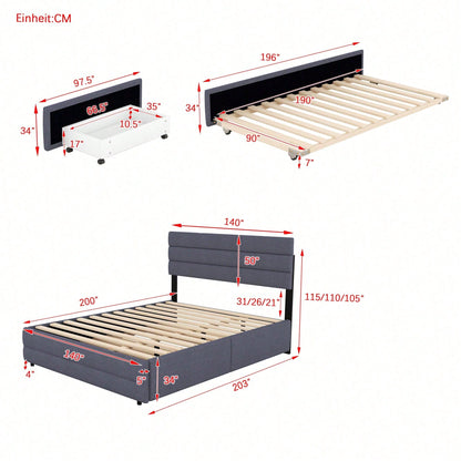 140 x 200 Plattformbett mit Räummaschine für zwei Personen und zwei Schubladen, Grau