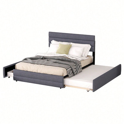 140 x 200 Plattformbett mit Räummaschine für zwei Personen und zwei Schubladen, Grau