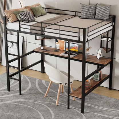 90x200cm Bettgestell Metallbett, Eisenbett mit Schreibtisch, Hochbett mit vier kleinen Regalen und einem großen Bücherregal für Kinder, Jugendliche und Erwachsene, Weiß