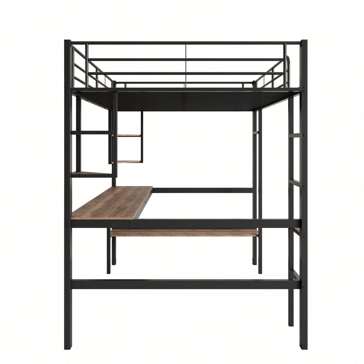 90x200cm Bettgestell Metallbett, Eisenbett mit Schreibtisch, Hochbett mit vier kleinen Regalen und einem großen Bücherregal für Kinder, Jugendliche und Erwachsene, Weiß